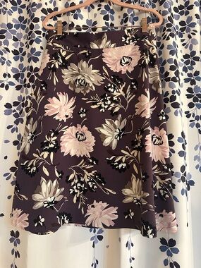 Ann Taylor Factory Purple Floral Midi Skirt with Pink & Cream Blooms